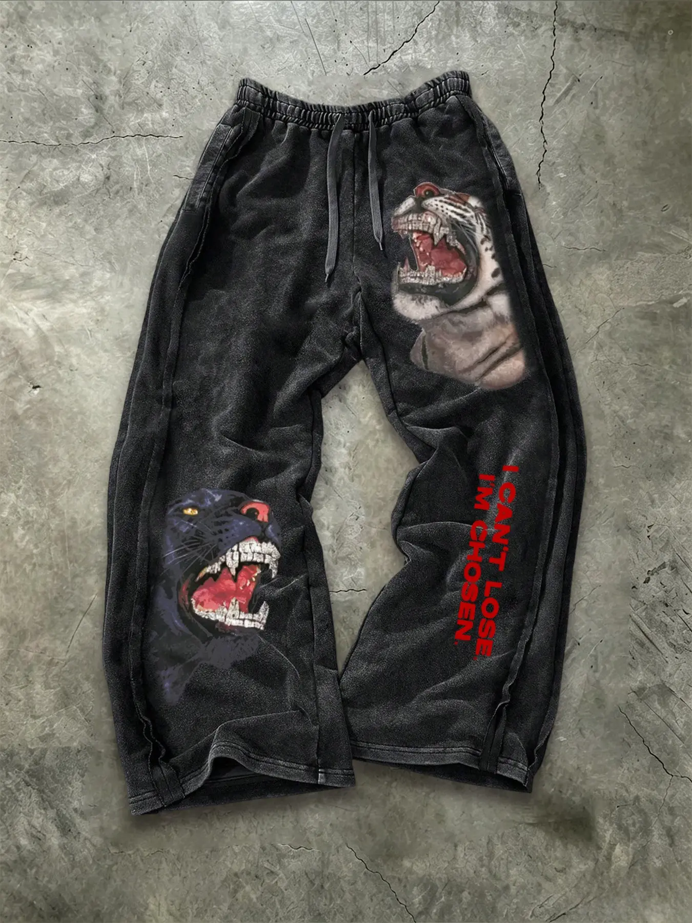 Men's Washed Vintage Panther Tiger Print Drawstring Wide Leg Sweatpants, American Retro High Street Drop Waist Sports Long Pants, Casual Sweatpants Style