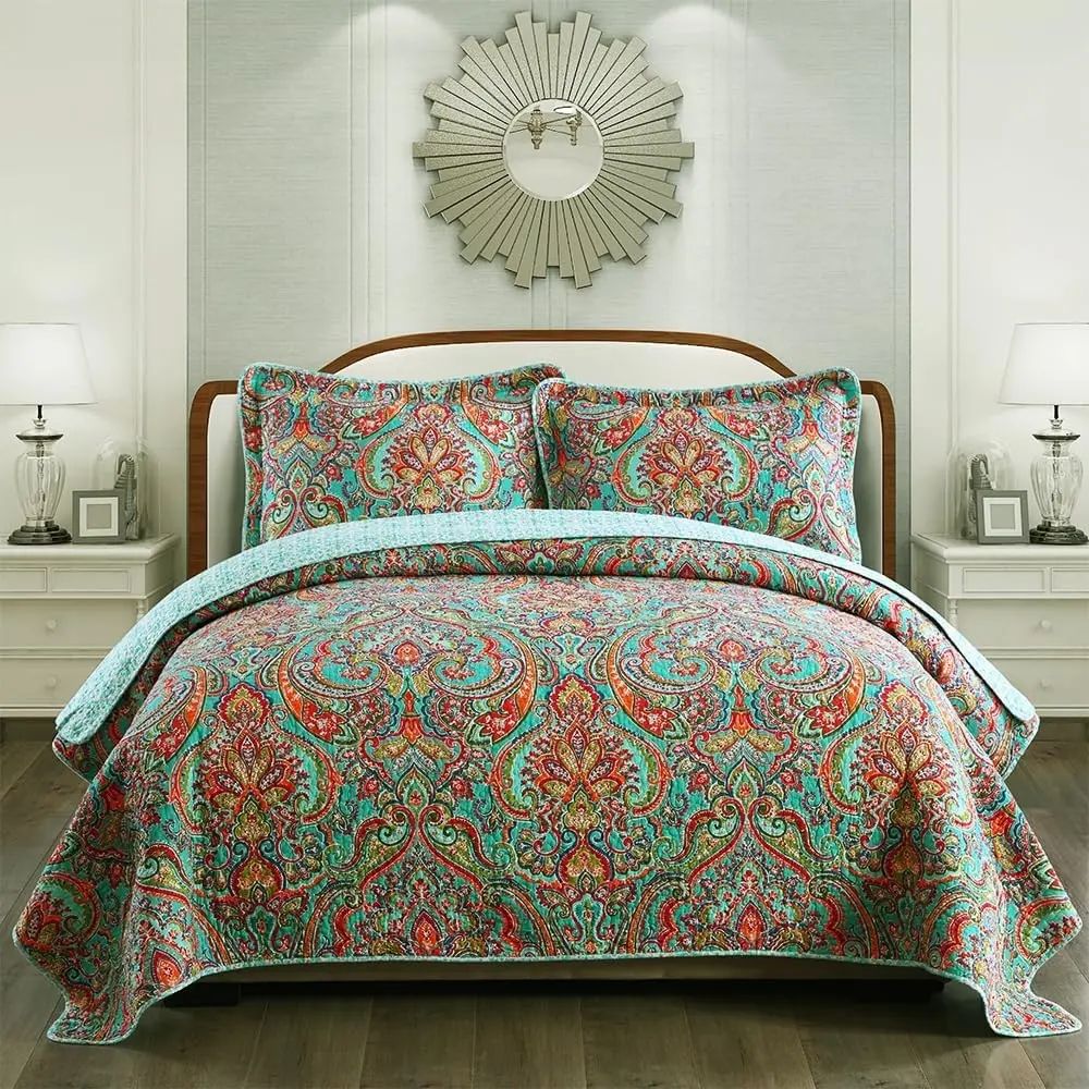 Reversible Patchwork Cotton Quilt Bedspread Set, European Gorgeous Floral Pattern, King Size
