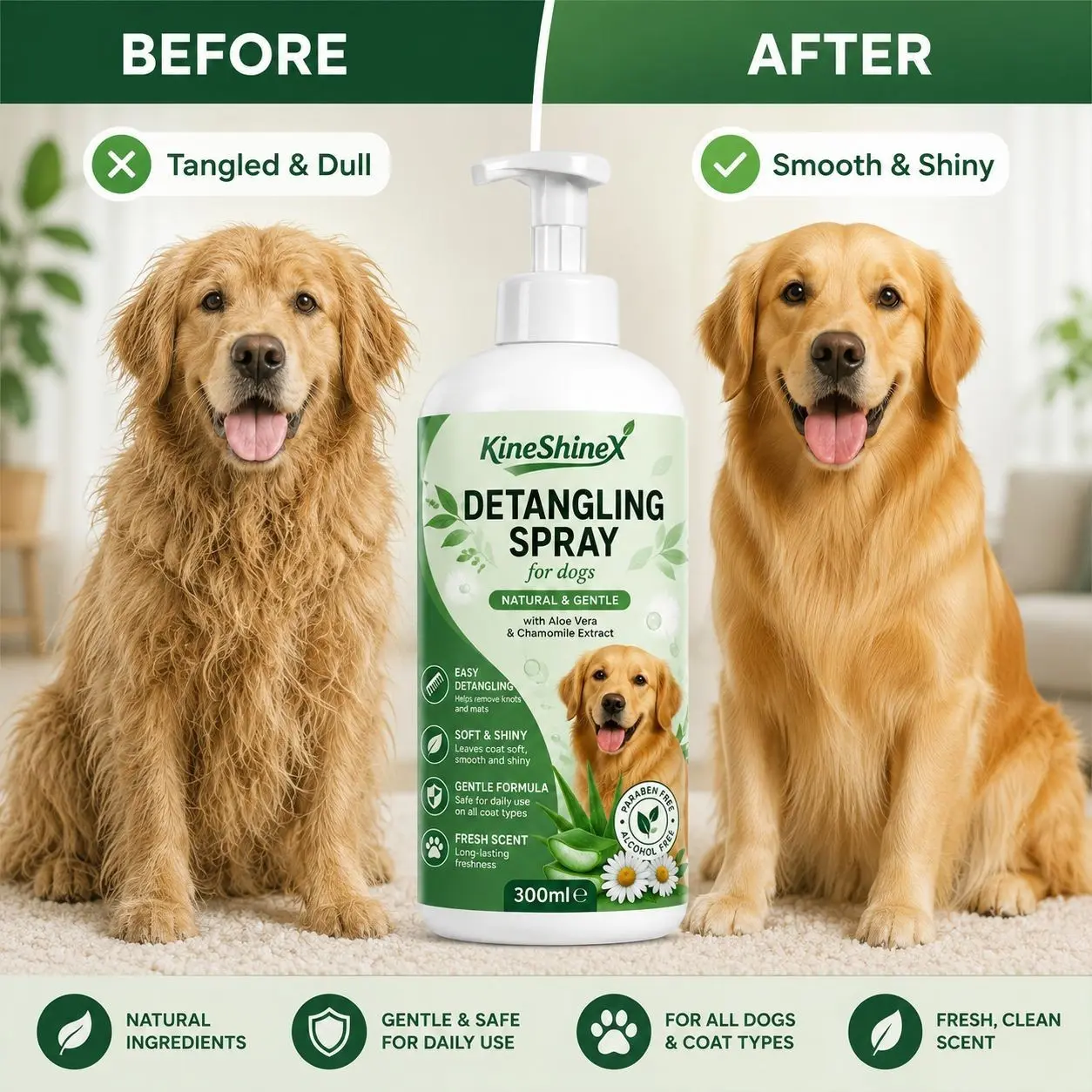 KineShineX Dog Detangling Spray 300ml, Deodorizing Long Lasting Scent, Soft Shiny Coat Grooming Conditioner