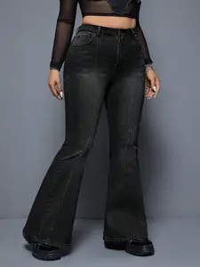 Plus Size American Vintage Washed Vertical Line High Waist Micro Flare Jeans, Retro Style, Comfortable Fit, Trendy Fashion