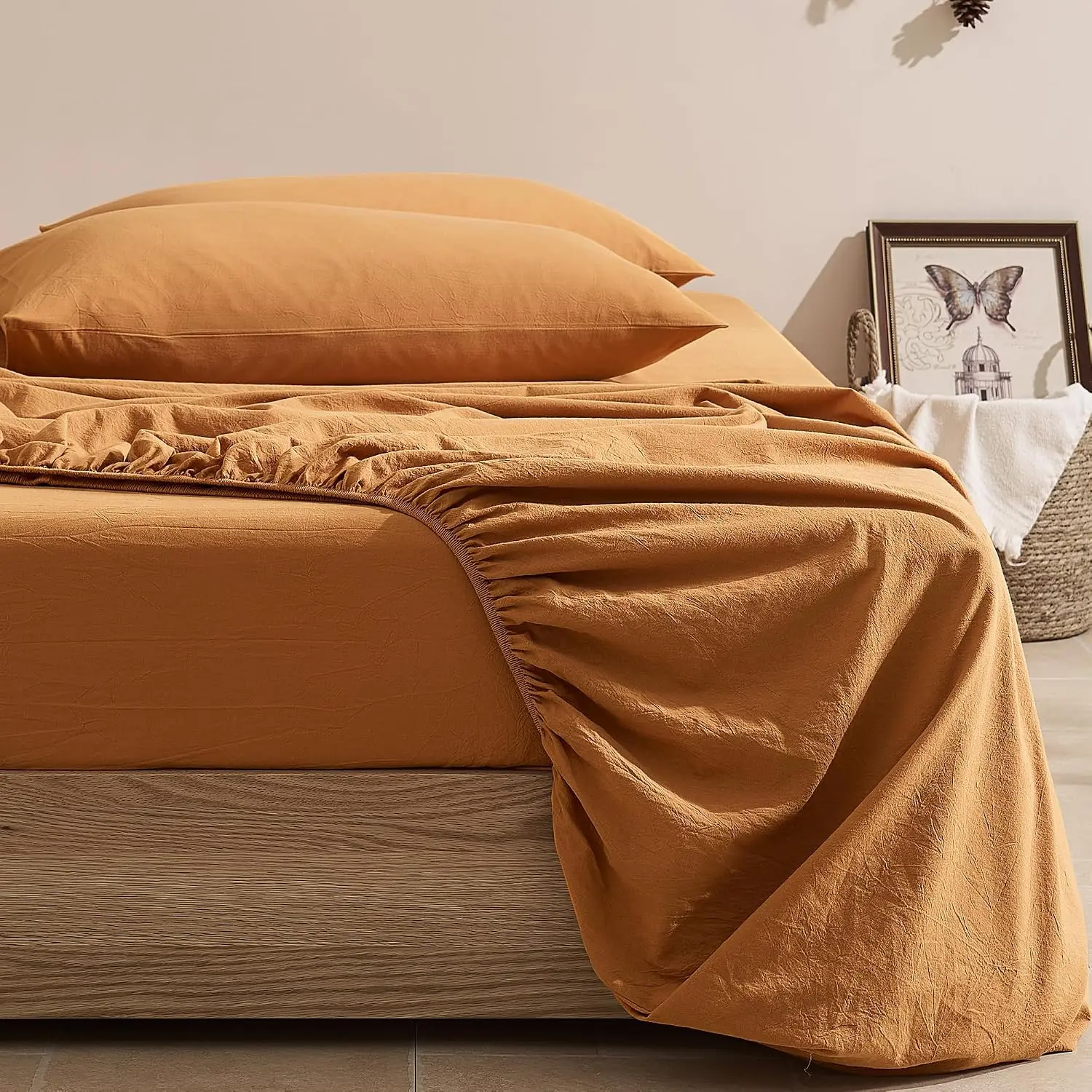 Washed  Fitted Sheet, , 16-Inch Deep Pocket | OEKO-TEX Certified, Pre-Shrunk, Short-Side Label, 360° Elastic,  Linen-Look Texture,, 60 x 80 in