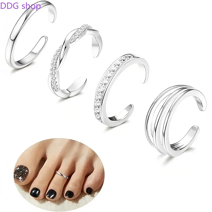 Premium copper inlaid zircon toe ring plated real gold open foot ring 4-piece set niche jewelry