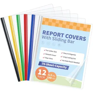 12 Pack Clear Report Covers with Sliding Bars, 9mm Sliding Bar File Folder, 70 Sheet Capacity, Letter Size, 6 Assorted Colors(White, Yellow, Red, Green, Navy, Black) Office Supplies