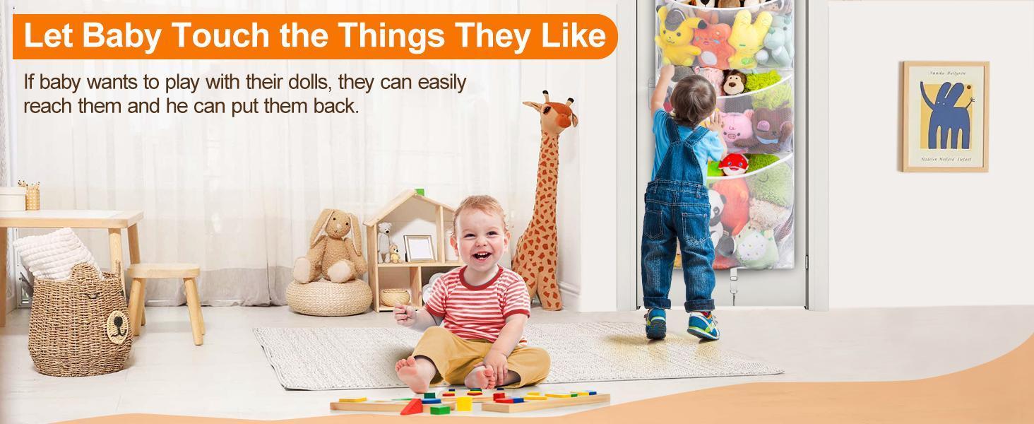 SUNDAY MIRTH Hanging Stuffed Animal Storage, Over Door Large Plush Toy Organizer with Metal Hook, Baby Accessory Holder Idea for Nursery, Doll & Bear Mesh Hammock Bag for Girl Boy Kid Room