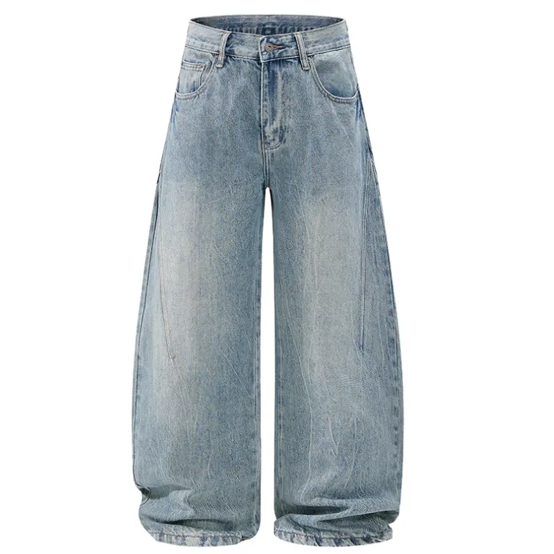 Menswear Jeans - Balloon-Cut Faded Look Stylish Pants, Premium Thick Denim, Natural Fade Texture, Vertical Trouser Leg Stitching, Roomy Curved Silhouette, Foldable, Retro Casual Street Style for Daily Sneaker Pairing