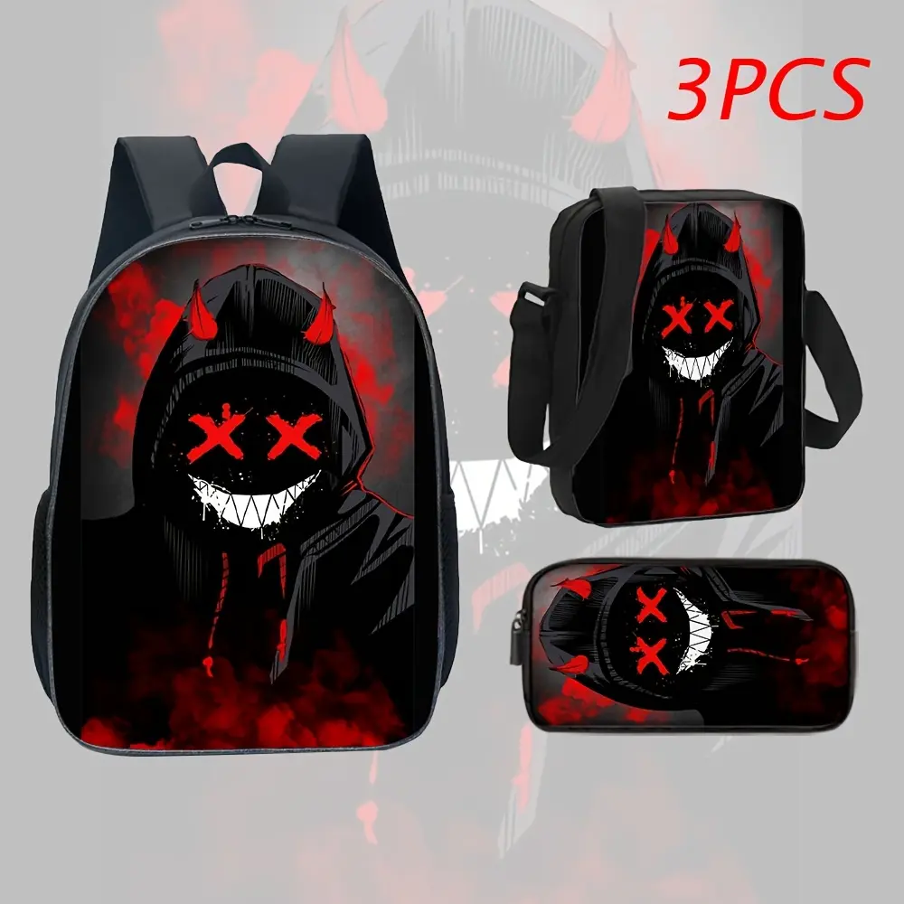 Waterproof 3-Piece Oxford Backpack Set, Lunch Bag Pencil Case, Red Smoke Hooded Devil X-Eye Dark Street Print, Breathable Padded Straps for Daily Student Trips