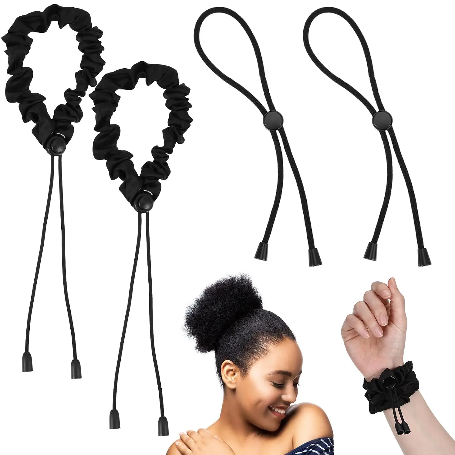 4 count Satin Hair Ties, Adjustable Loc Accessories for Black Women, Afro Puff Ponytail, Thick Curly Hair Scrunchies (Black)