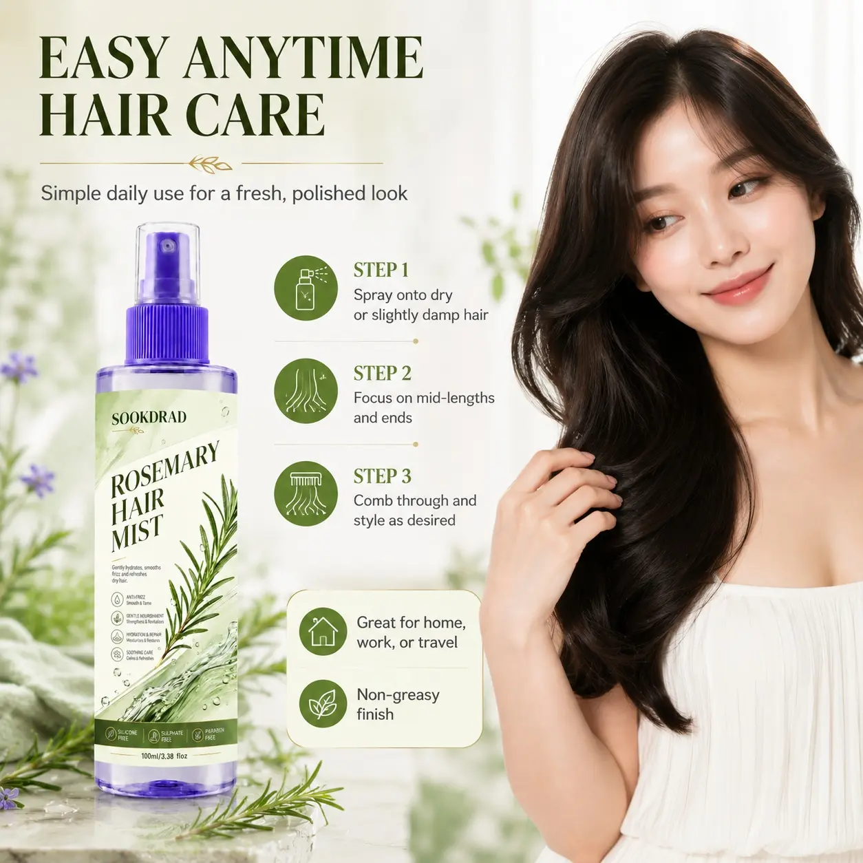 Rosemary Hair Mist, rosemary, anti-frizz, smooth & tame, gentle nourishment, hydration & repair, soothing care, hair, silicone free, sulphate free, paraben free, 100ml/3.38 floz
