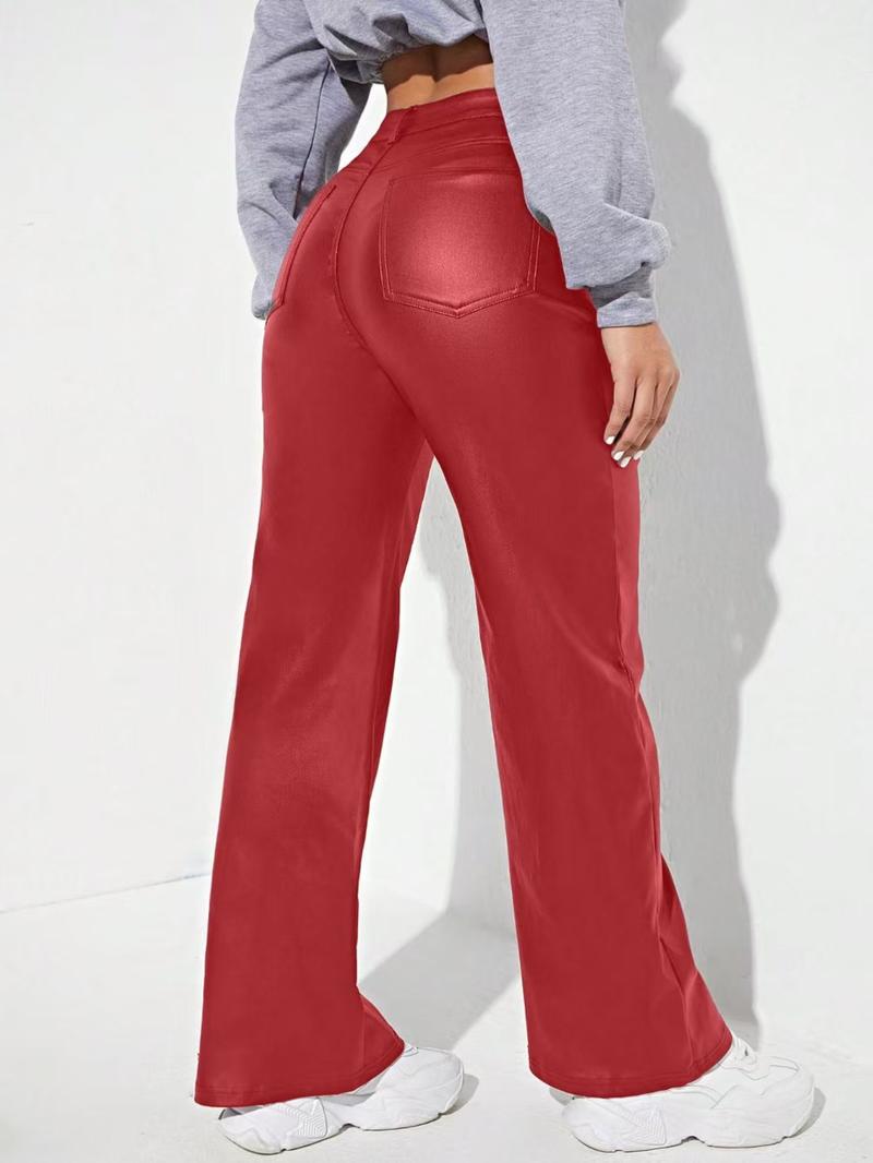 Women's Solid Color Button Fly Faux Leather Pants with Pocket, Fashion Casual High Waist Trousers for Daily Outdoor Wear, Ladies Bottoms for All Seasons