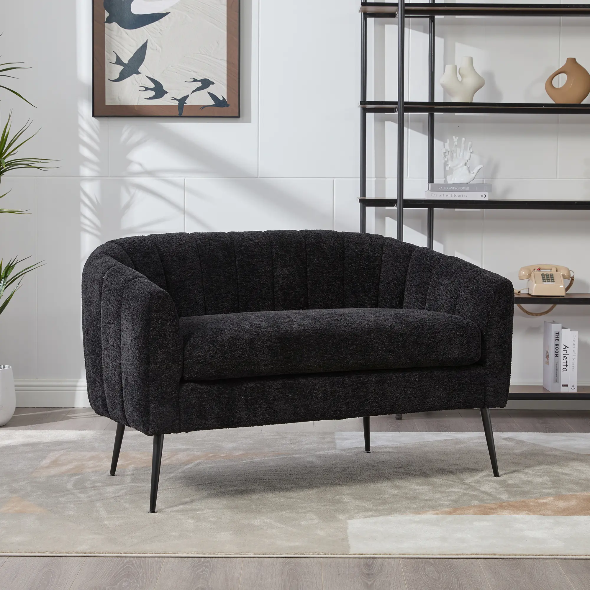 Nokaa 50-Inch Mid-Century Modern Glam Chenille 2-Seat Settee Sofa - Channel Tufted Mini Loveseat Accent Couch with Curved Lines, Metal Legs, Compact Solid Hue Indoor Furniture for Small Living Spaces (Black)