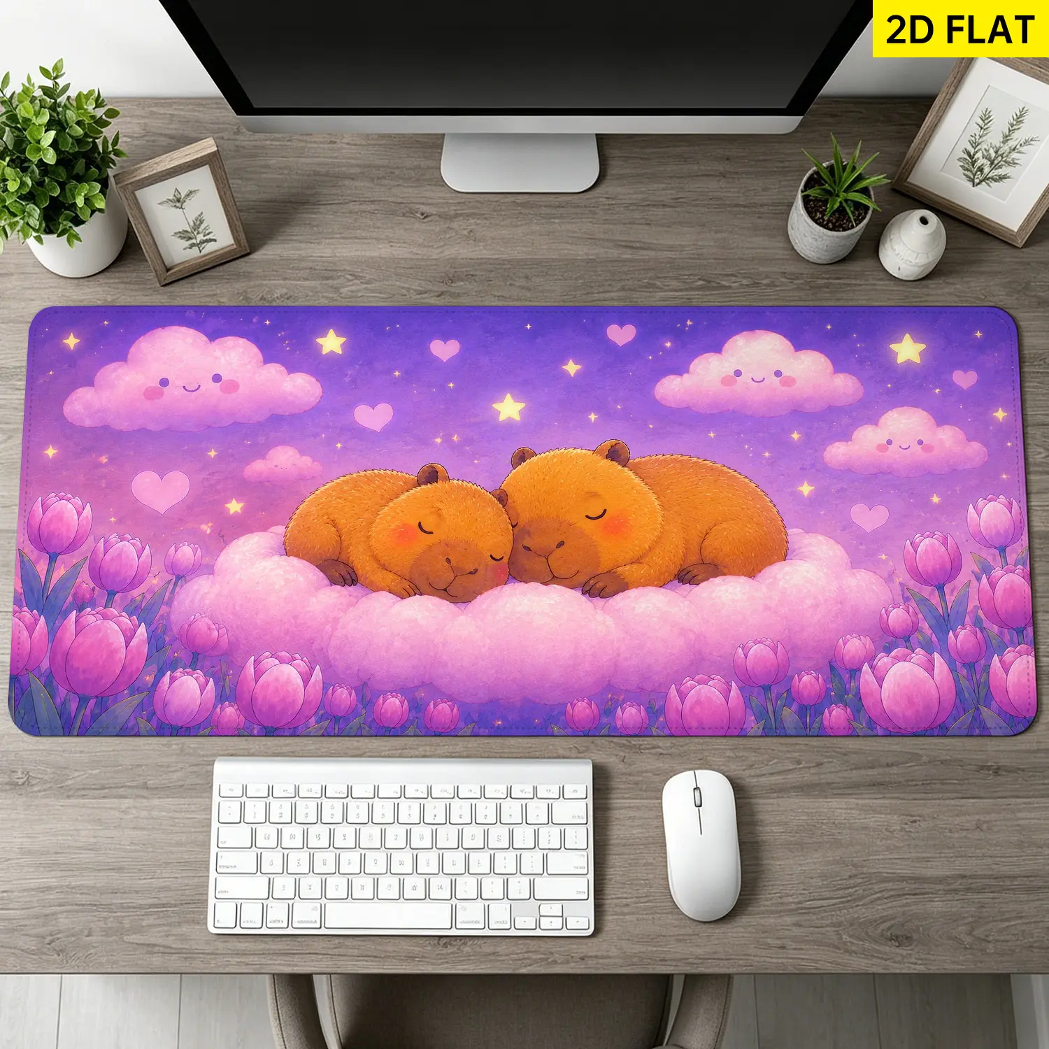 Extra Large cute capybara sleeping on pink cloud with tulips Mouse Pad,Non Slip Rubber Pad,Desktop Decoration Drotection Pad,Washable,Lock Edge Multi Size,Premium Multipurpose Mousepad For Home,Office,Gift for Family and Friends