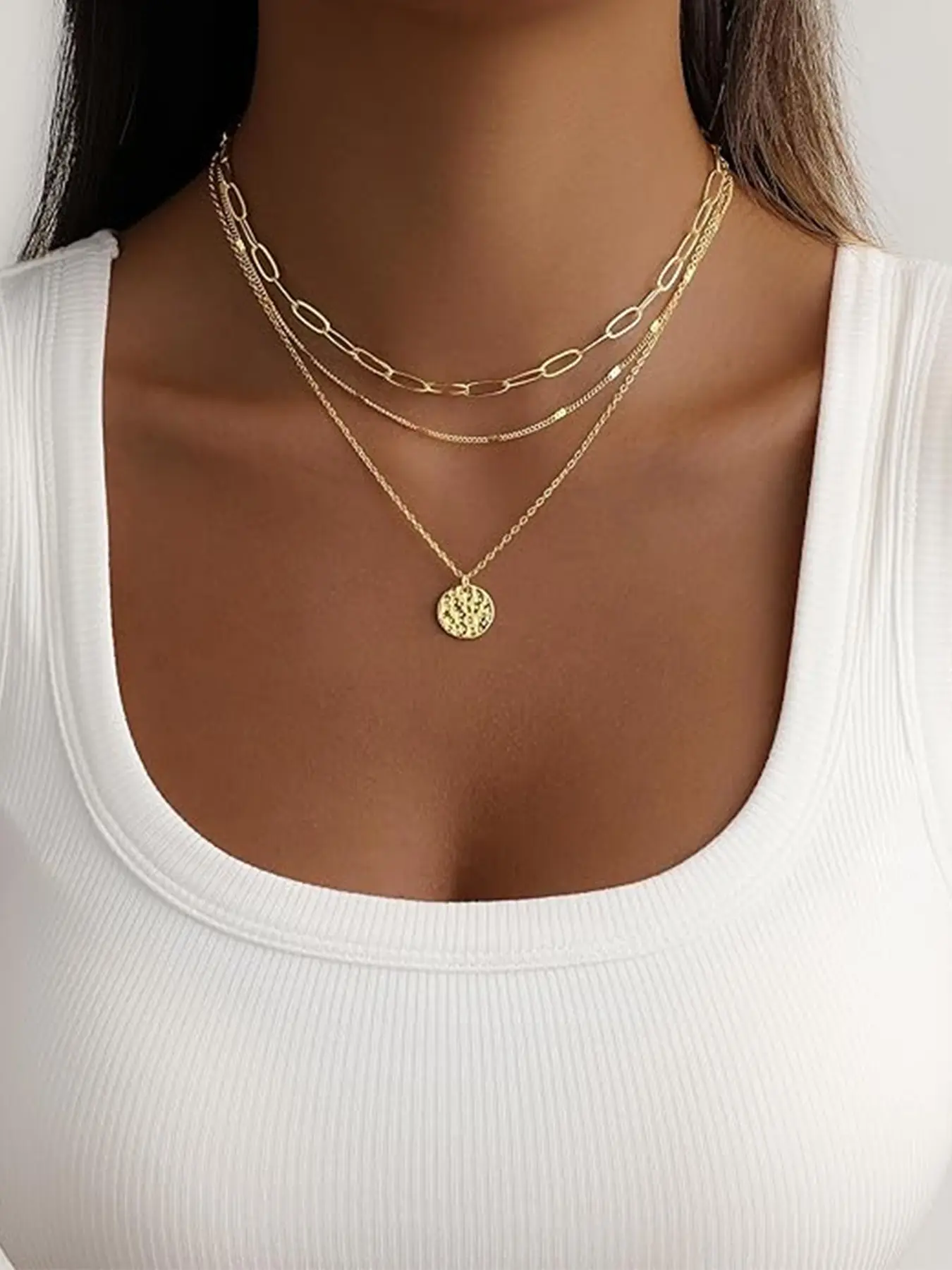 3pcs Paperclip Chain Lockbone Necklace, Hammered Round Pendant, Layered Simple Necklace, Suitable for All Seasons, Party, Dress