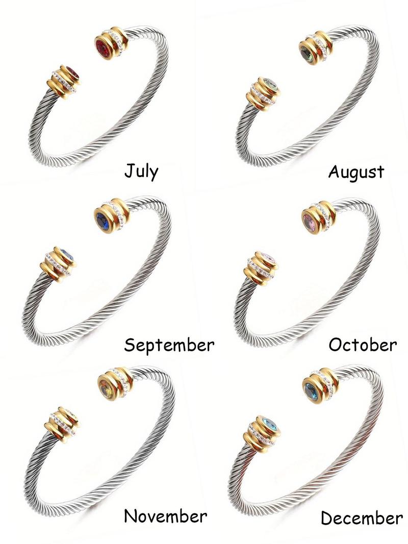Unisex Casual Fashion Stainless Steel Birthstone Cuff Bracelet, Rhinestone Design, Zinc Alloy Chain, All Seasons Wear, Rhinestone Decor Bangles