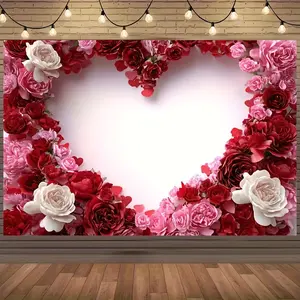 Valentine Rose Heart Banner Backdrop Romantic Love Style Polyester Fiber Tapestry Wall Hanging Photography Background Wedding Party Proposal Home Studio Indoor Outdoor Decor Durable Fabric