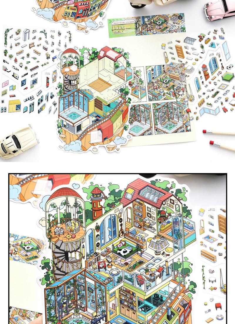 12 oversized scene stickers, fun scene themes, vintage style, PET white card dual materials, self adhesive, DIY journal decoration scrapbook notebook material sticker pack