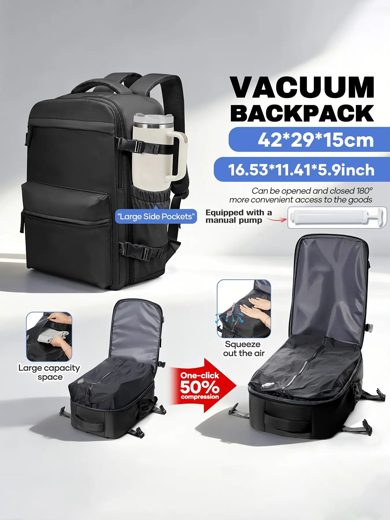 Hiking Backpack Set with Manual Air Pump and Vacuum Compression, Large Capacity Travel Bag, Fits 14-Inch Laptop, Unisex, Airport Approved