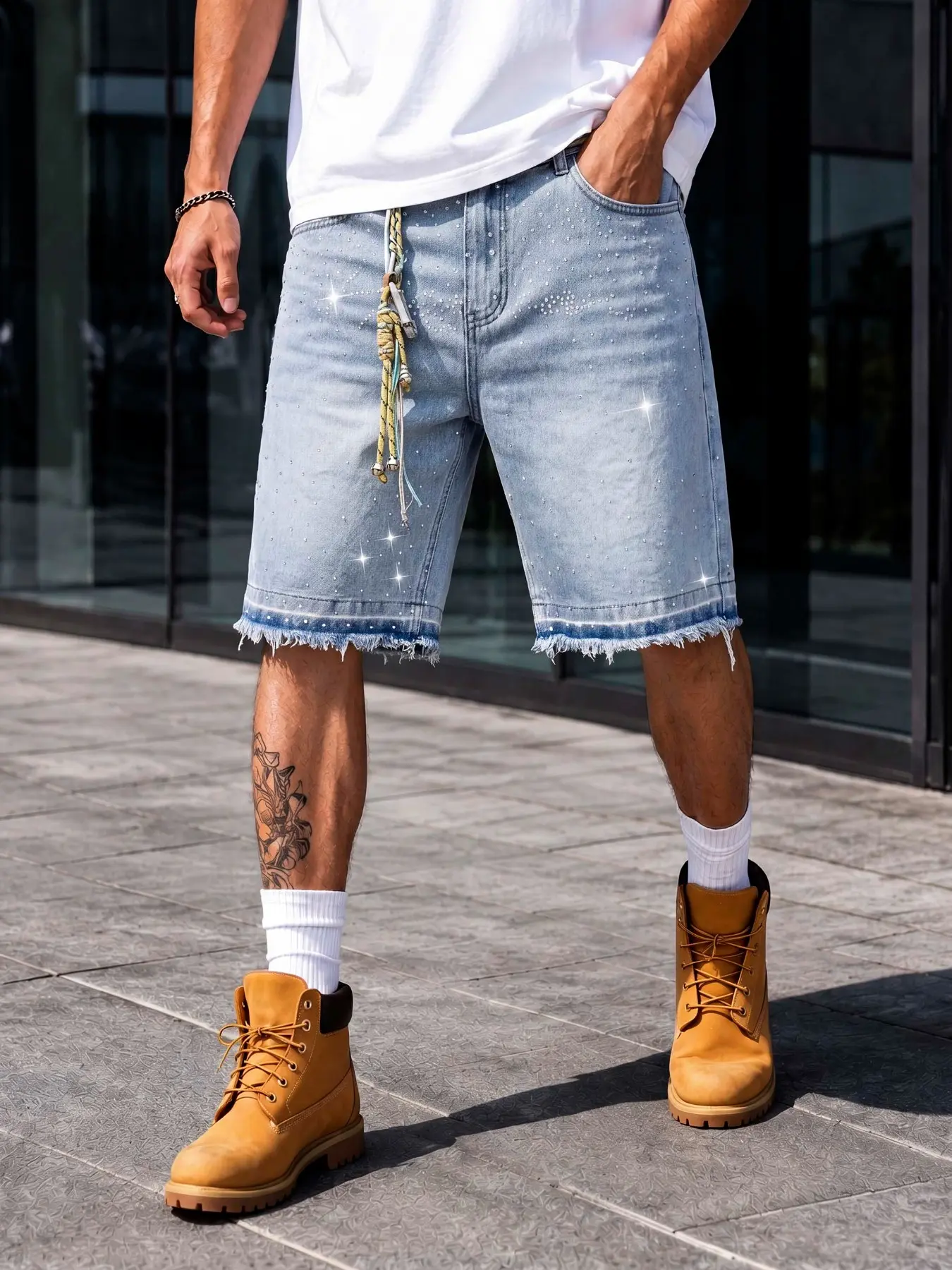 Men's Light Wash Washed Five-Quarter Jeans Shorts, Loose Wide Leg Design, Rhinestone Star Decoration, Frayed Hem Y2K Street Style, Daily Wear & Weekend Outing