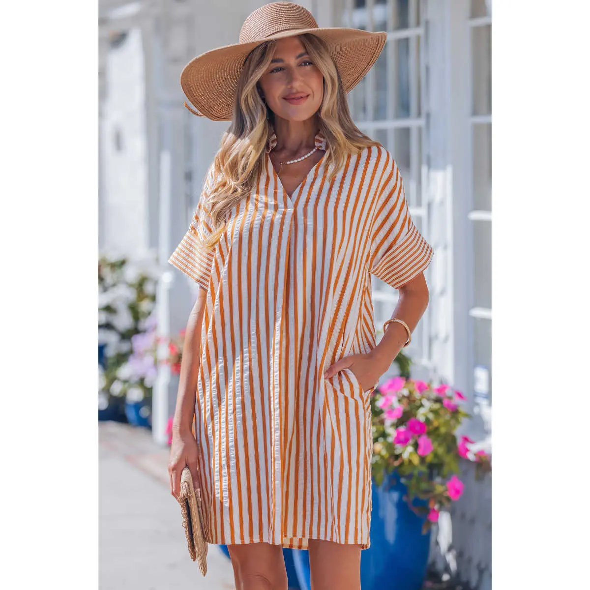 Women's Striped Cotton Short-Sleeve Collared V-Neck Shift Mini Dress with Side Pockets for Summer Beach Casual Wear