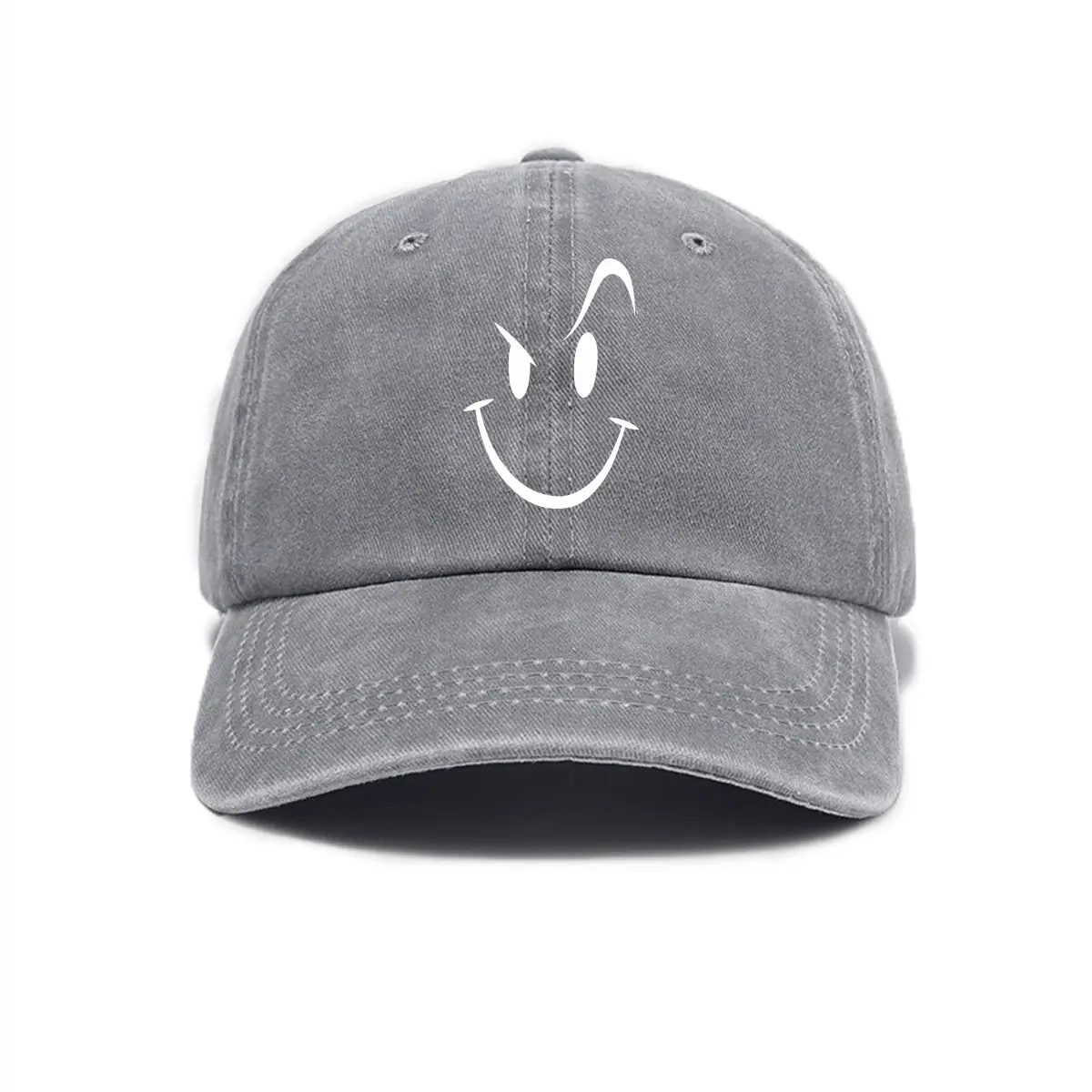 Light Grey Baseball Cap Smirk Smiley Face Graphic Printed Washed Cotton Retro Unisex Dad Hat Trendy Grunge Aesthetic Y2K Hip Hop Casual Streetwear Outdoor Adjustable Sun Trucker Hat Everyday Headwear Creative Evil Smile Gift