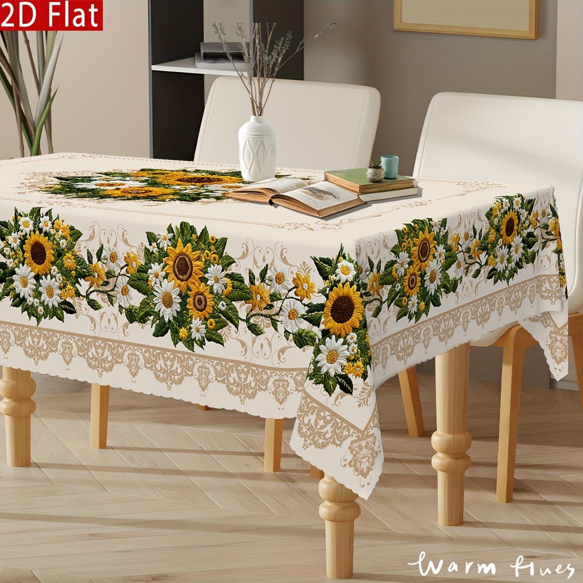 1pc Vintage Sunflower & Daisy Tablecloth - Non-Embroidered European Floral Design, Durable Polyester Rectangular Table Cover for Round/Oval Tables, Kitchen Dining Room Patio Picnic Decor, Easy-Clean Vintage Home Decor, Machinemade Textile, Sunflower Kitch