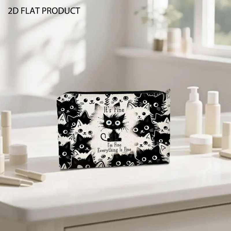 Playful Cartoon Cat Print Makeup Bag, Double-Sided Design With "It's Fine I'm Fine Everything Is Fine" Slogan, 5.9*8.66inch Portable Cosmetic Pouch, Ideal for Storing Beauty Tools During Travel & Daily Outdoor Outings