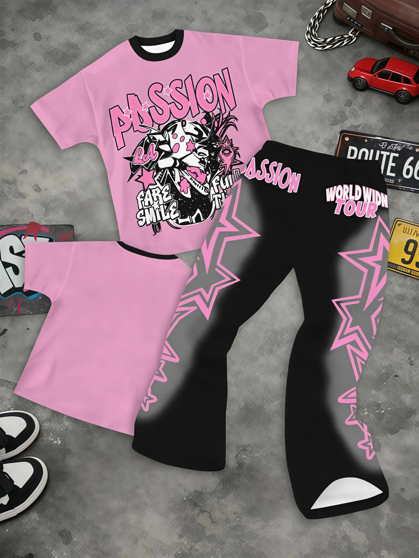 Vintage Pink Black Gradient Star Smiley Graphic Two Piece Tracksuit, Soft Stretchy Thin Airy Comfort Skin Touch Matching Set, Trendy Los Angeles Kawaii Grunge Aesthetic For Street Skate Trip Casual Daily City Outfit, Casual Tracksuits