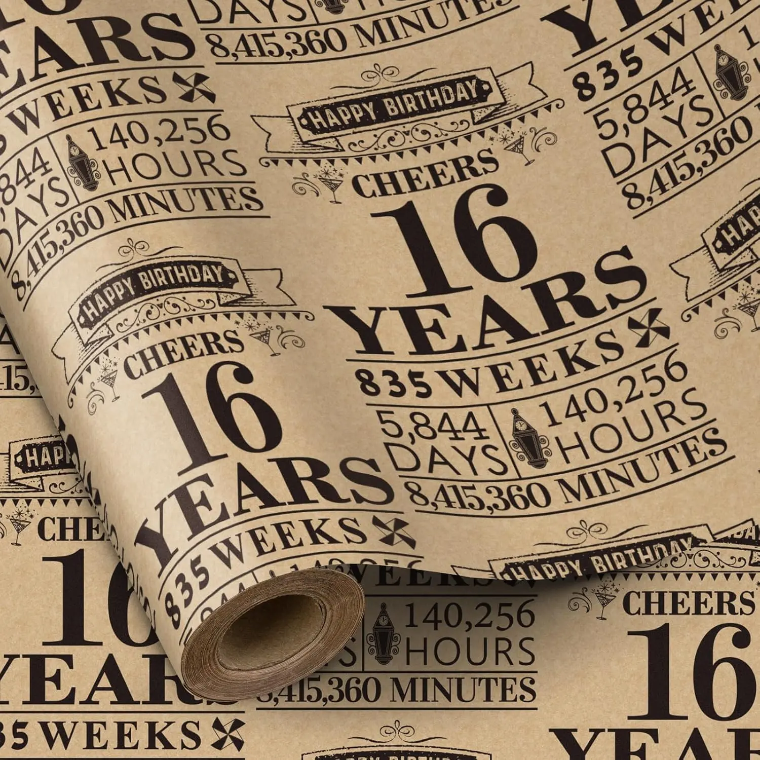 RUSPEPA 16th Birthday Black Design Wrapping Paper Roll, 17" x 16.4 ft, Kraft Paper, Perfect for Birthdays, Parties & Holidays