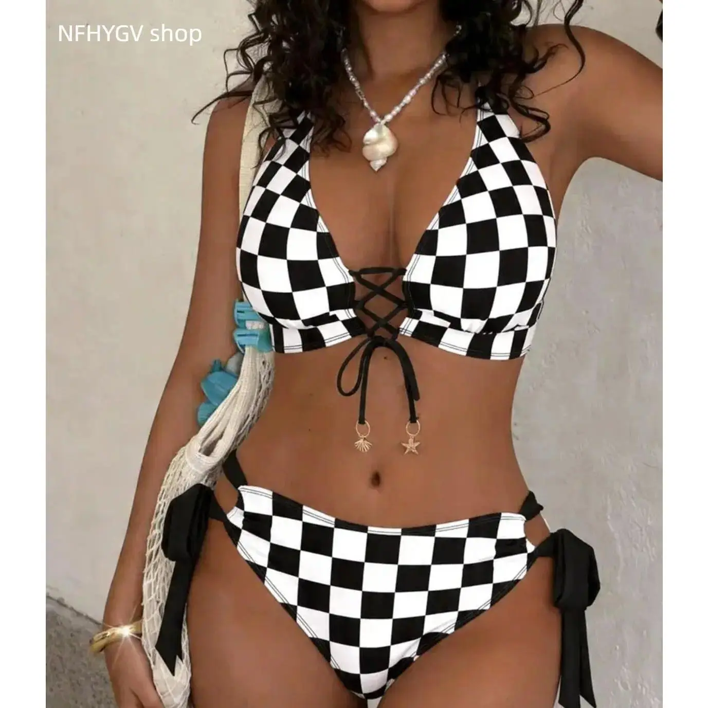 Women's Simple Look Plaid Pattern Bikini, 2-Piece Beach Wear with Adjustable Tie, Soft Fabric Swimsuit for Water Activities