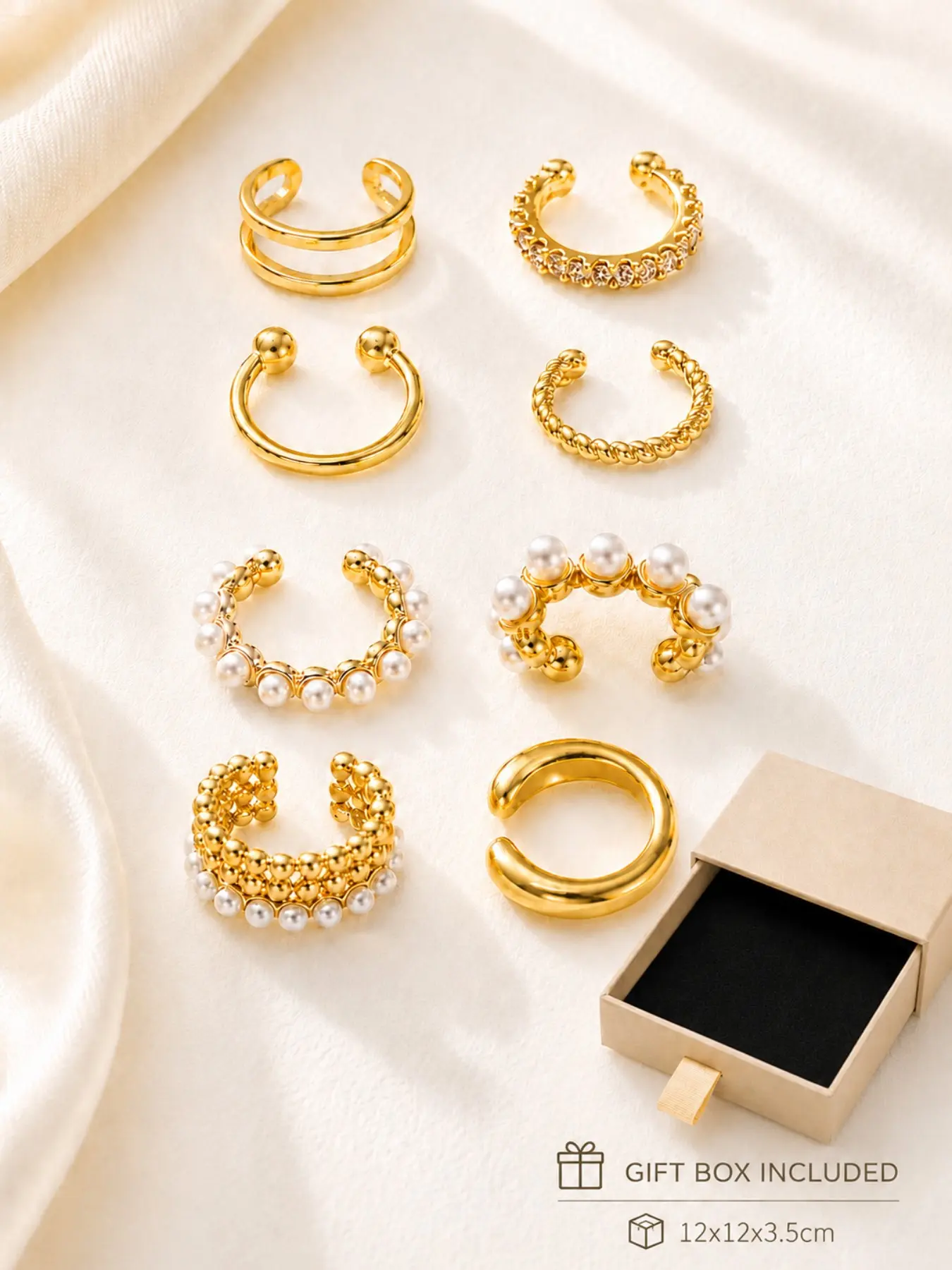 Ear Cuffs Gift Set, 2-Piece Women's Pearl Effect Stackable Ear Clips + Gold Ear Cuff, Jewelry Box Included, Perfect Birthday Gift