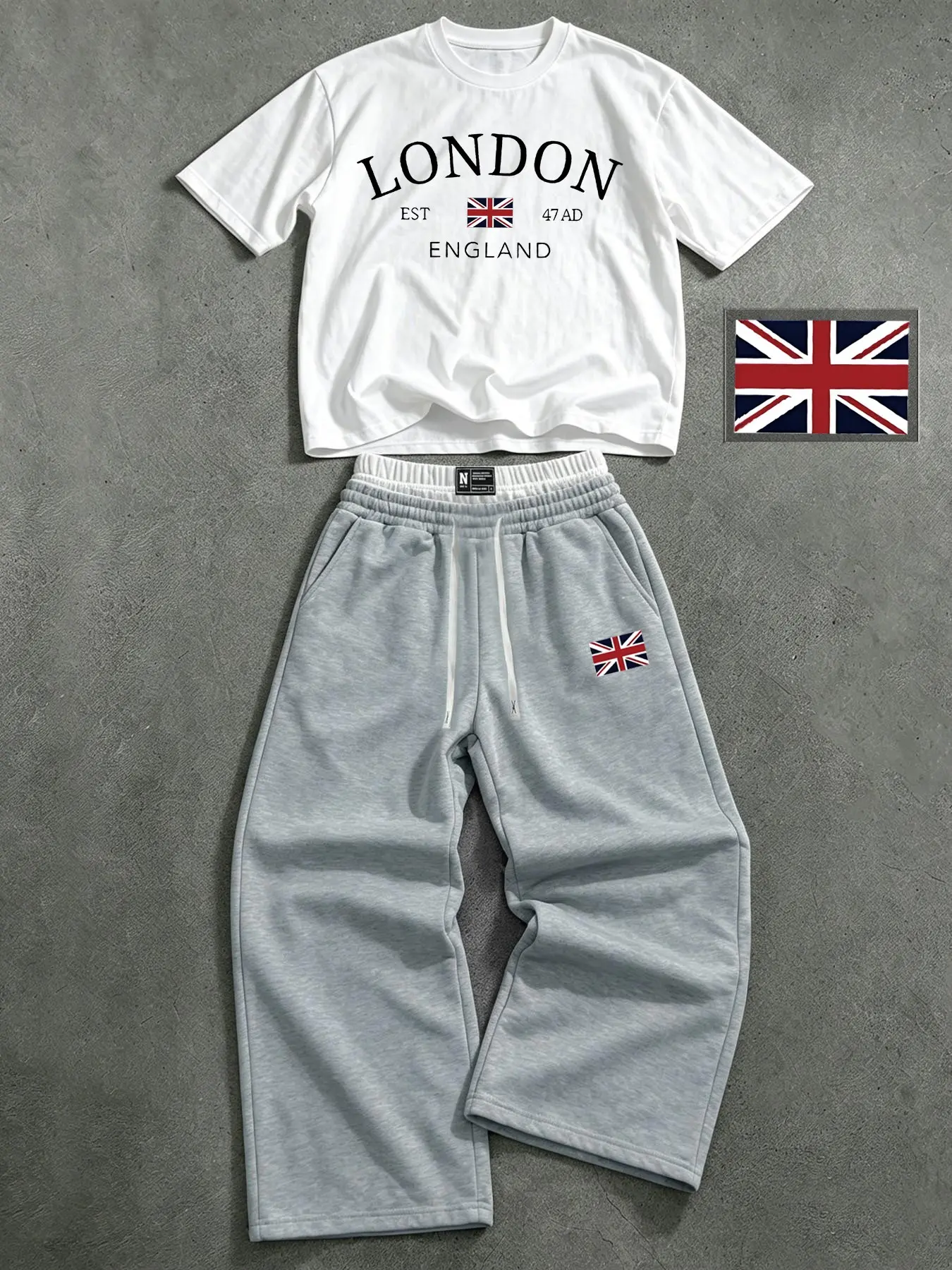 Men's two-piece tracksuit: a London letter print short-sleeved T-shirt paired with Union Jack wide-leg track pants, a casual and comfortable summer outfit.