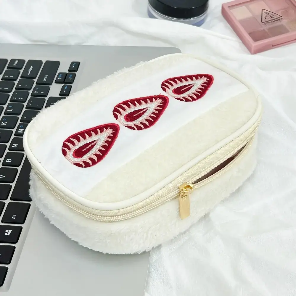 Strawberry Embroidered Plush Makeup Bag, Cosmetics Bag, Red and White Checkered Lining, Portable Makeup and Stationery Storage Bag, Girl's Portable Makeup Bag