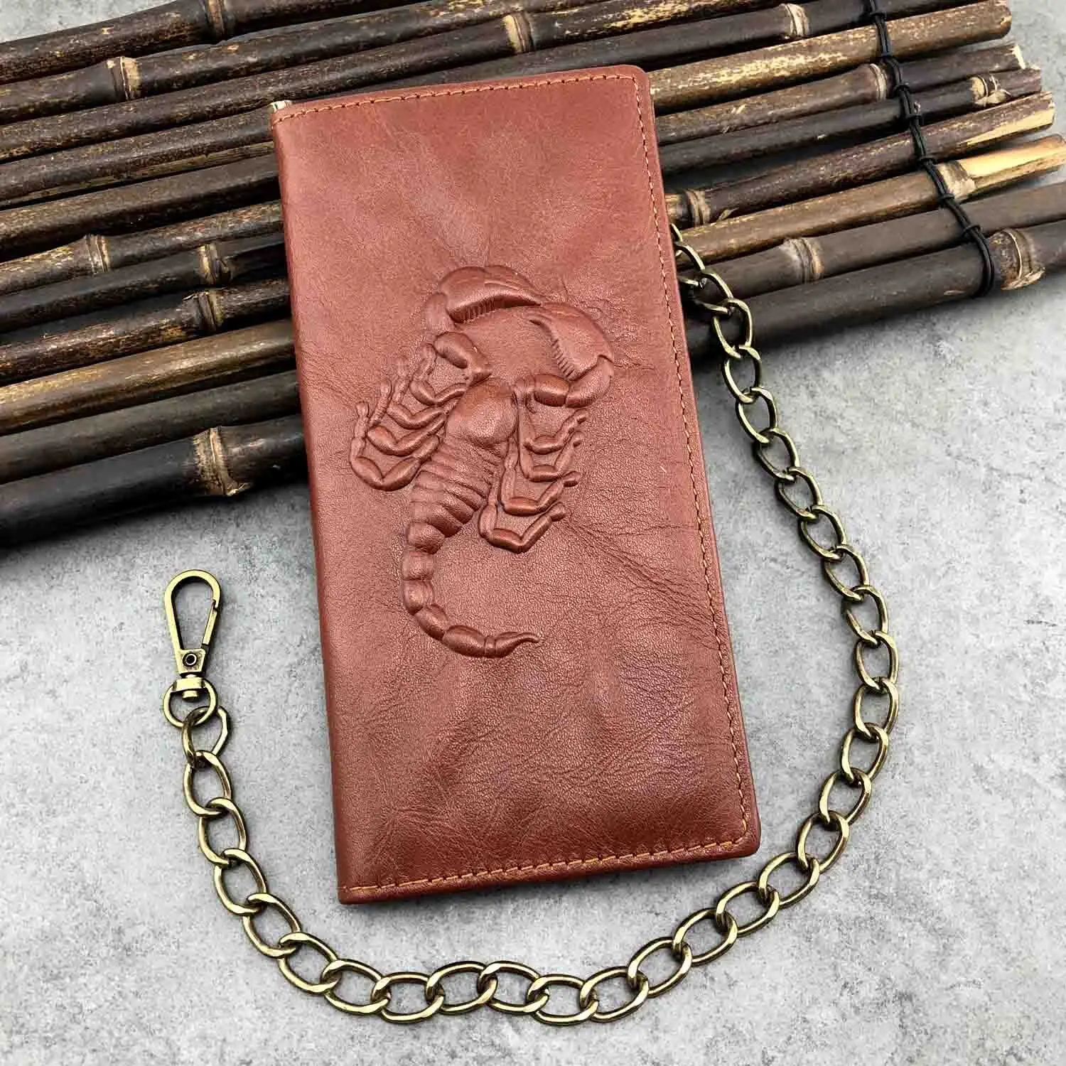 Scorpion Men Biker Leatehr Long Card wallet Purse with chain