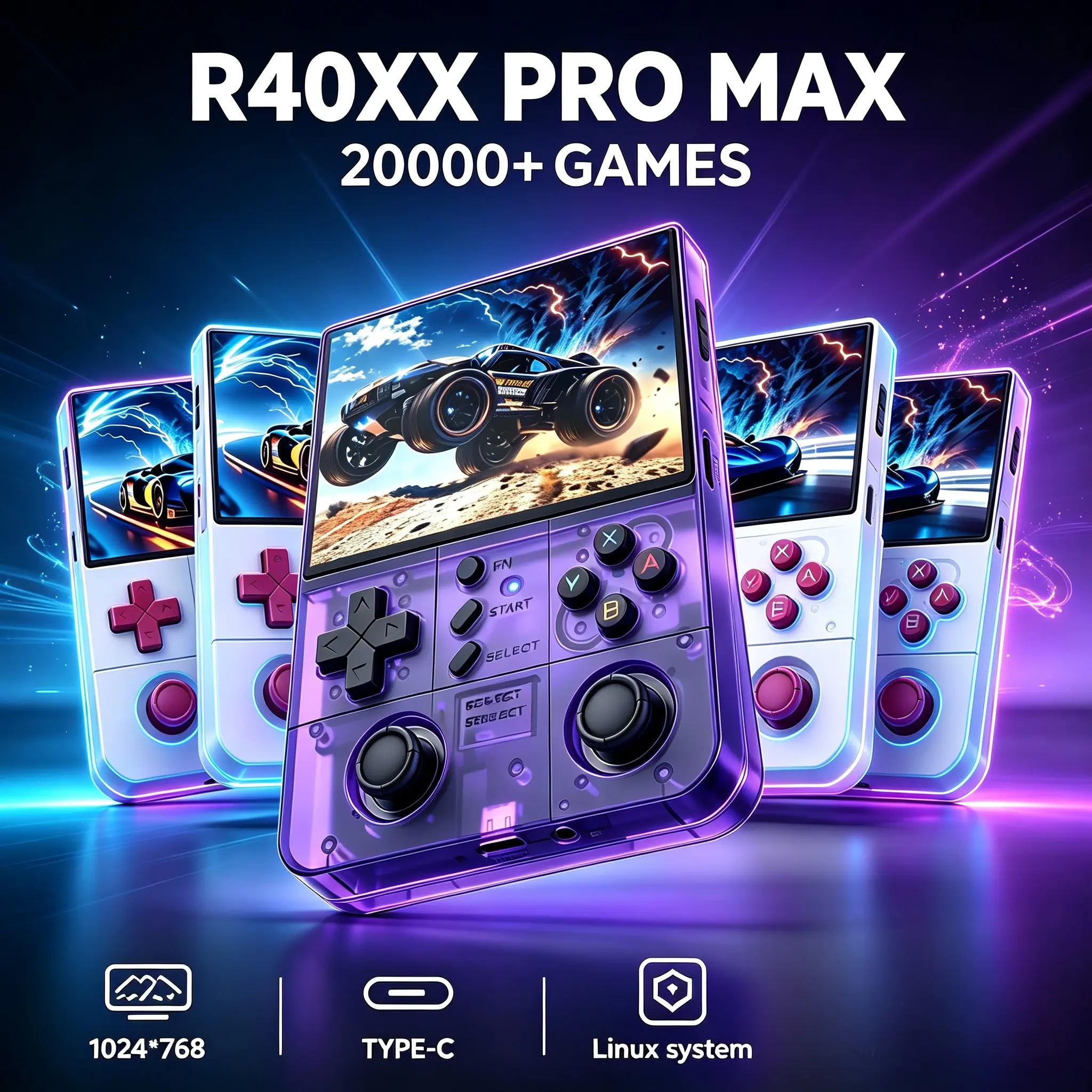 R40xx Pro Max Retro Handheld Game Console, 20000+ Games, 1024x768 HD Resolution, Linux System, Lithium Ion Battery, Portable Gaming Device