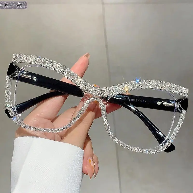 Chain-Strap Crystal-Encrusted Rimless Blue Light Glasses for Women, Trendy Diamond-Detailed Flat Mirror Eyewear, Celebrity-Inspired Street Style for Selfies & Daily Wear, Chain-Strap Women's Sunglasses, Crystal-Encrusted Women's Sunglasses