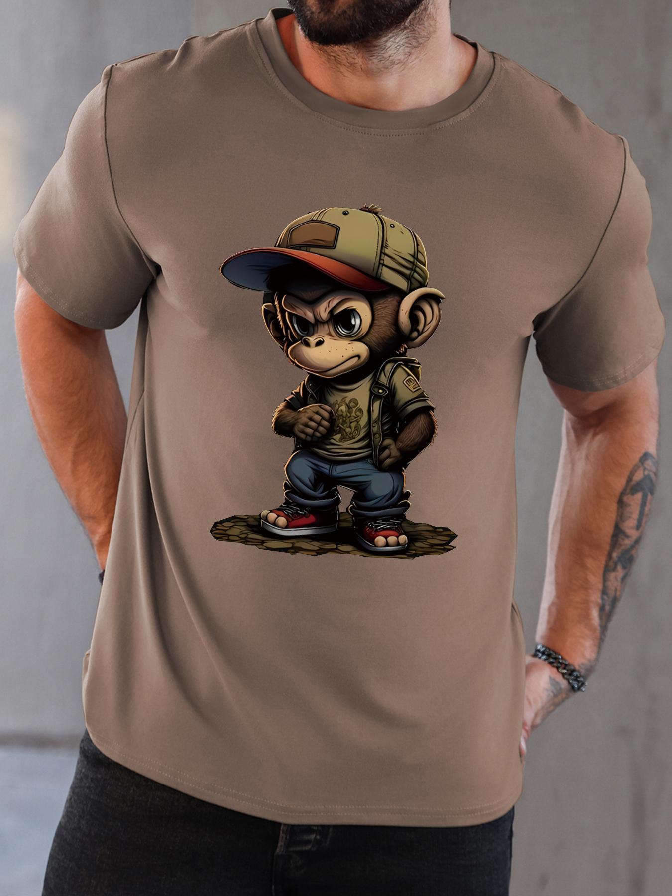 Men's Cartoon Monkey Print Round Neck Tee, Regular Fit Casual Comfy Streetwear Short Sleeve Crew Neck T-shirt for Summer, Fashion Men's Top for Daily Wear