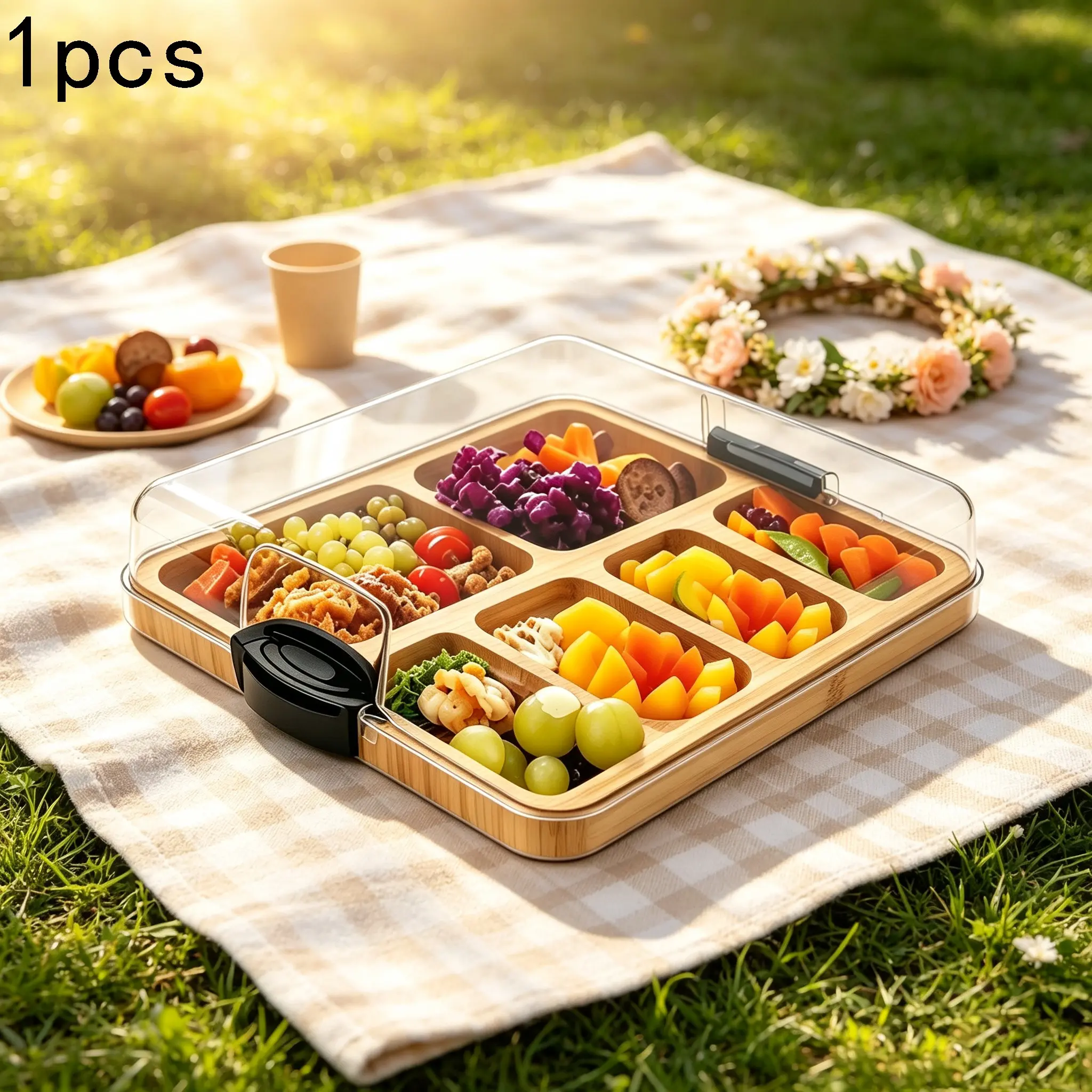 Wooden Sectioned Food Tray with Clear Lid, Portable Picnic Tray with Handle, Durable Snack Dish for Home, Festive Party Fruit Bowl, Containers with Lids