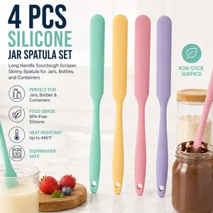 4 Pcs Silicone Jar Spatula Set - Long Handle Sourdough Scraper, Skinny Spatula for Jars, Bottles, and Containers, Non-Stick Heat Resistant Cake Cream Spatulas, Bakeware, Baking Tools, Baking Accessories, Baking Supplies