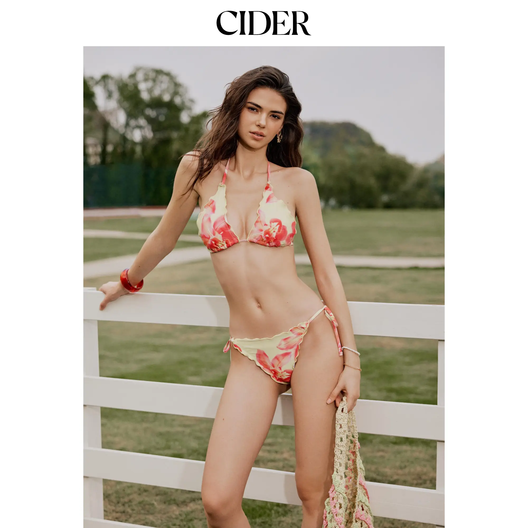 Cider V-neck Floral Knotted Lettuce Trim Halter Tie Side Bikini Set