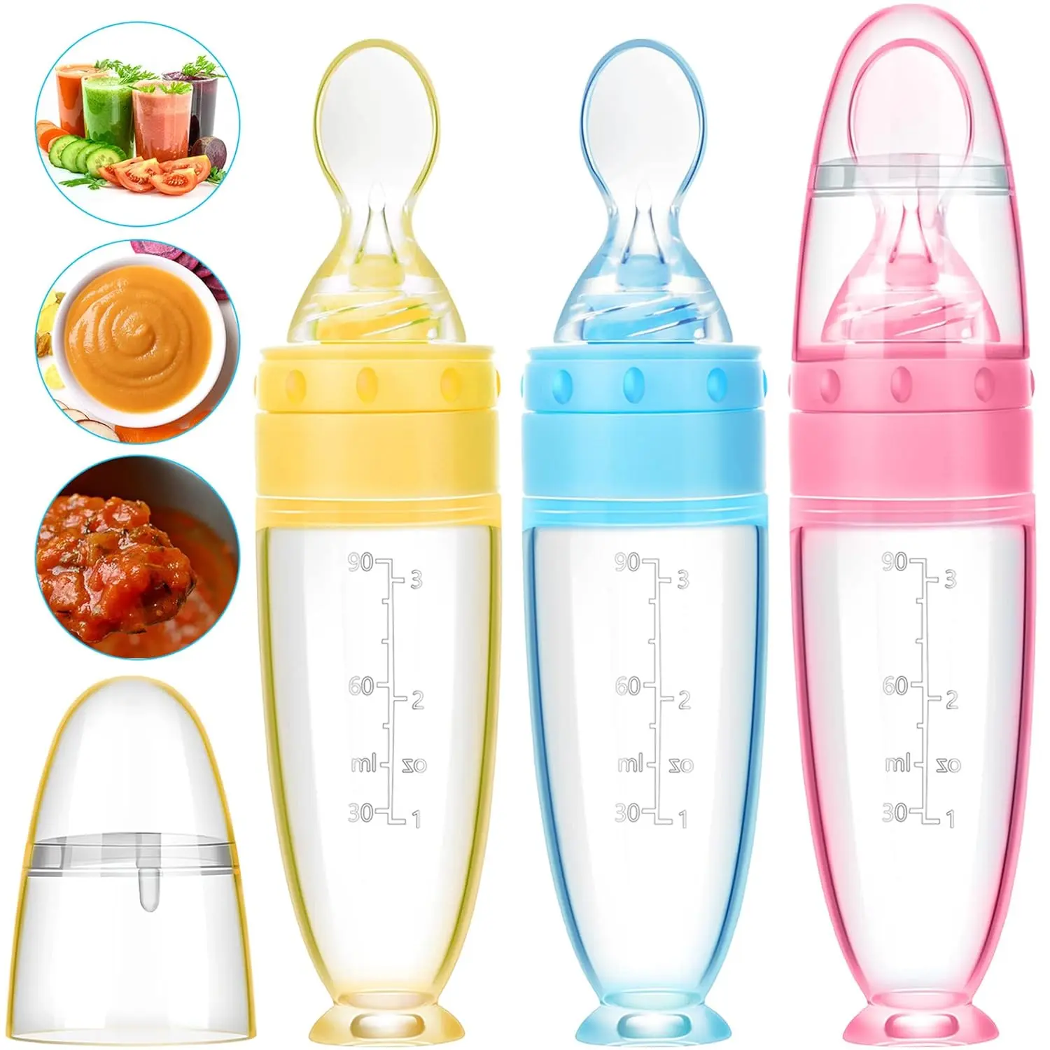 3-Piece Silicone Baby Food Feeder & 3oz Dispensing Spoon Set with Standing Base for Infant Nursing & Feeding