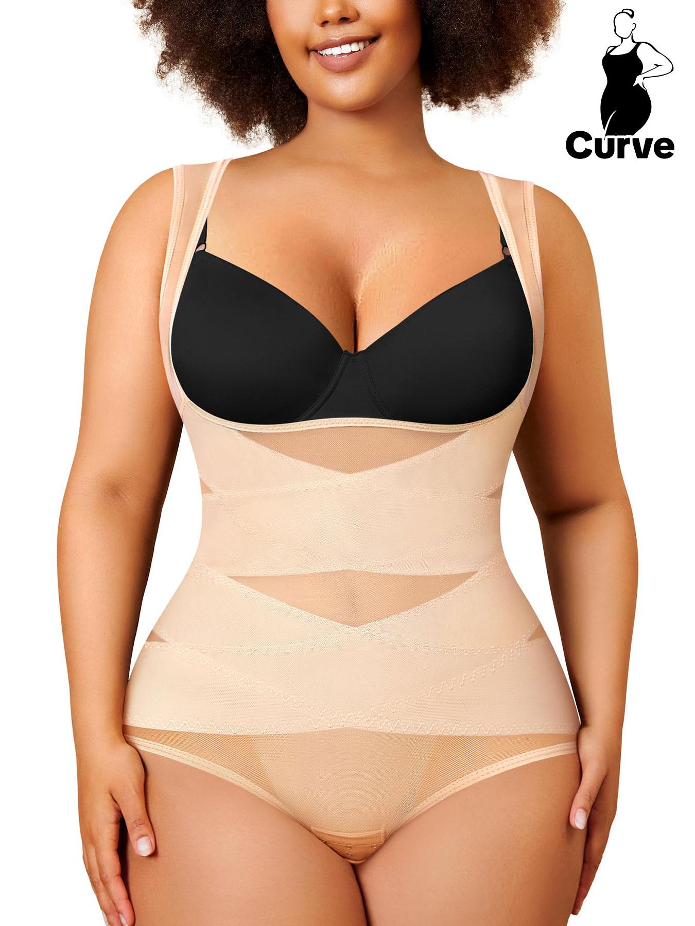 【Plus Size】 Solid Color Open Bust Hook & Eye Closure Crotch High Waisted Shapewear Bodysuit, Breathable Comfortable Shaper, Tummy Control Butt Lifter, Ladies Shapewear for All Seasons