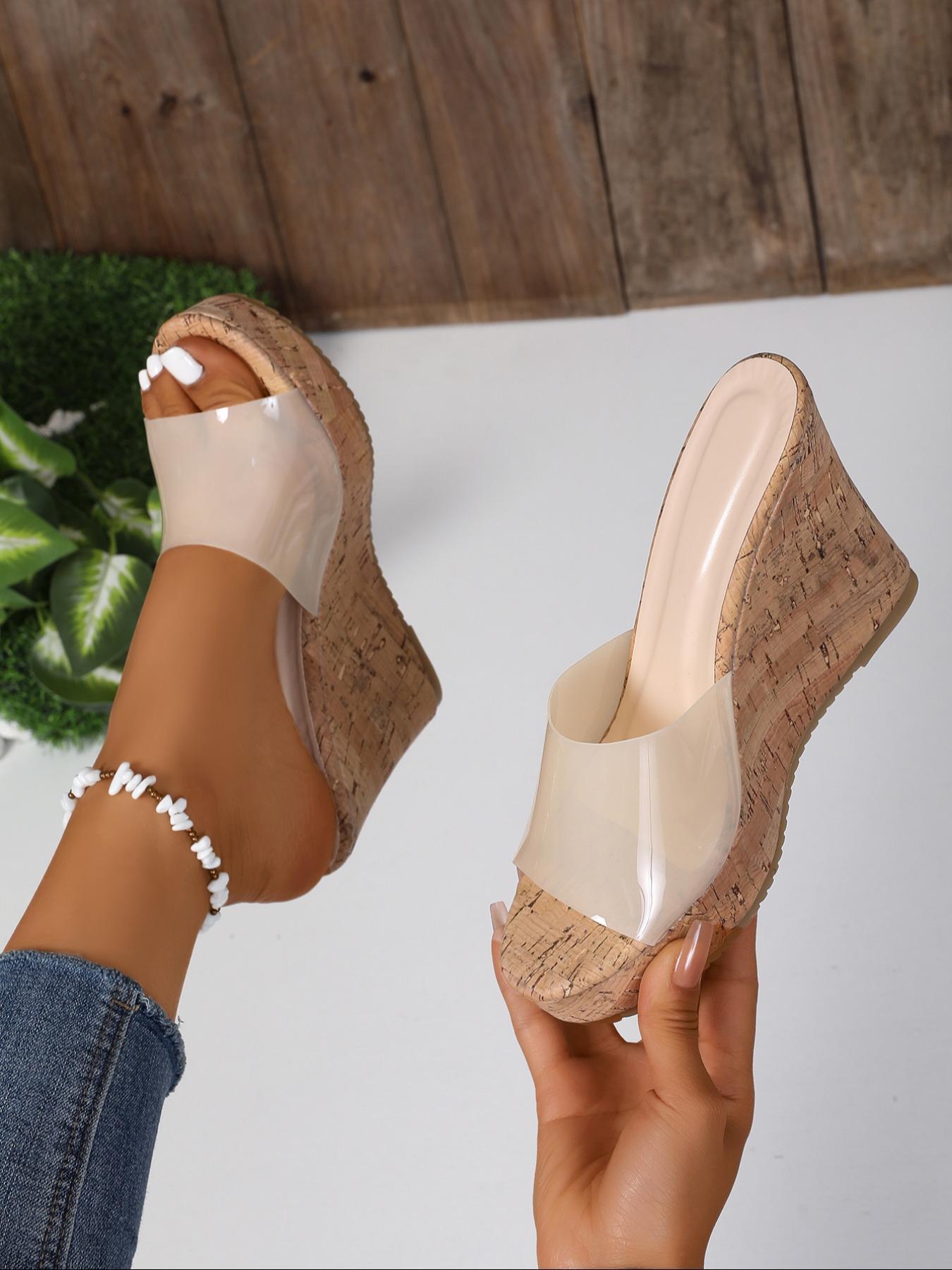 Women's Fashionable Cork Wedge Sandals, Casual Comfortable Transparent High Heel Platform Sandals for Summer, Female All-match Wedge Sandals for Daily Wear
