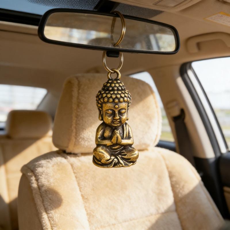 Brass Buddha Pendant Keychain, Mini Handcrafted Lucky Amulet Figurine, Portable Religious Protection Charm for Daily Carrying Bags Keys and Everyday Wear