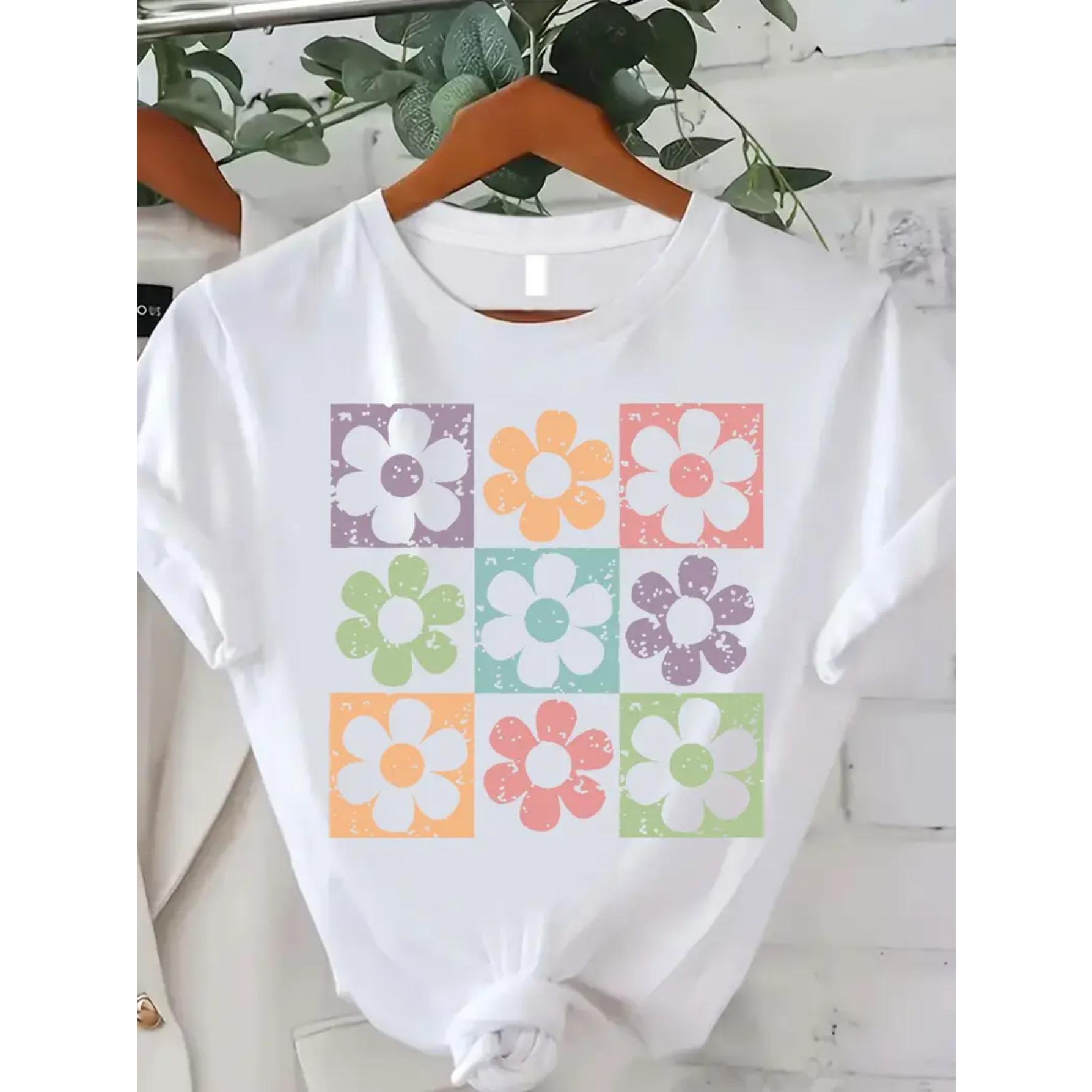 Women's Floral Print T-Shirt - Soft and breathable, casual round-neck design, bright pastel floral pattern, suitable for spring and summer outdoor activities, women's T-shirt