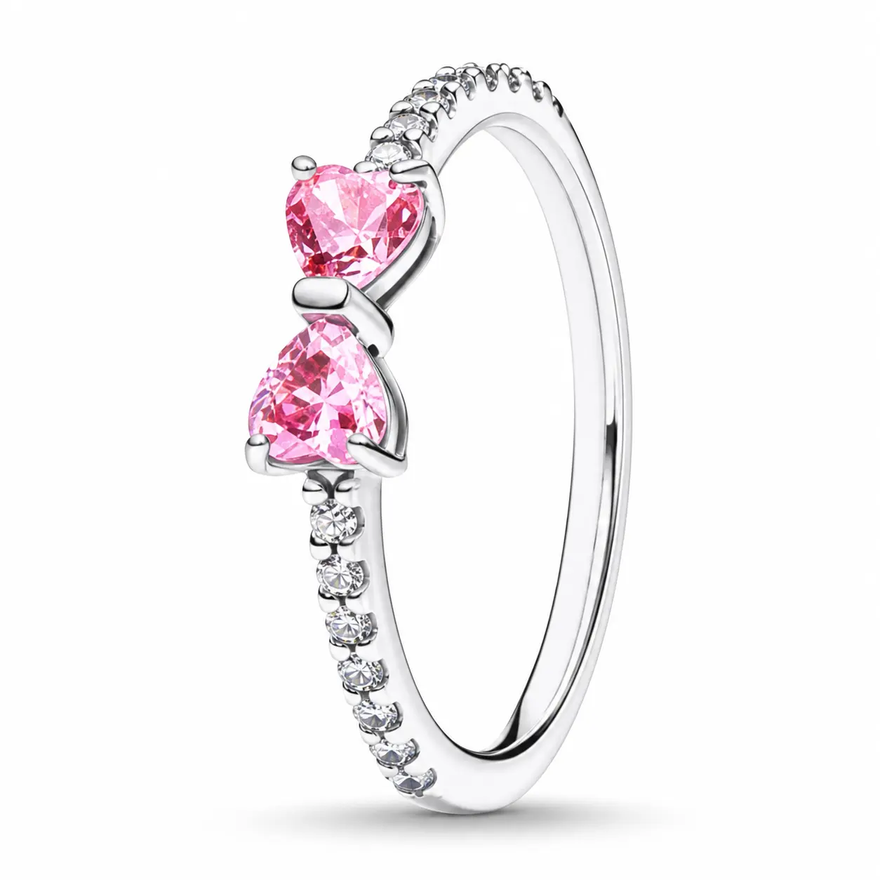 Women's Fashion OL Pink Heart Bow Ring, Silver-Plated Zircon Statement Ring, Sizes 5-10