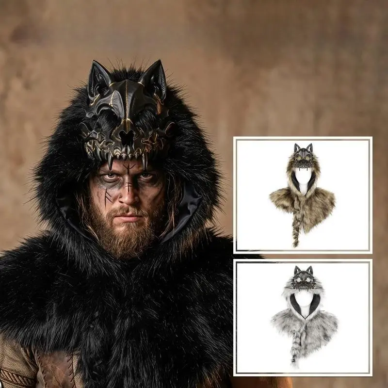 2026 New hot item Viking Wolf Skull Hooded Cape Halloween Cosplay Costume Faux Fur Wolf Head Shoulder Wrap Medieval Carnival Party Prop