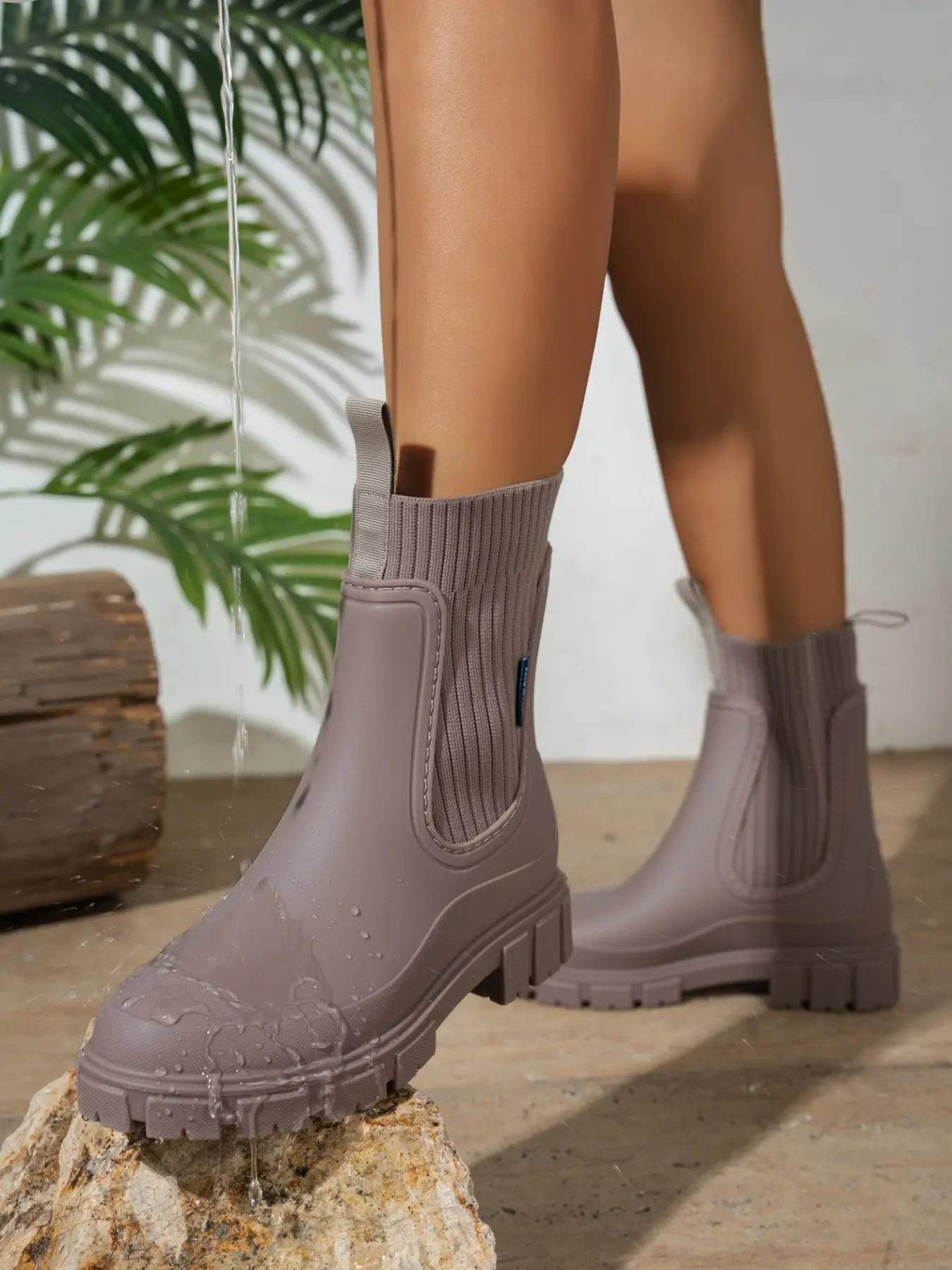 New European and American Style Knit Patchwork Chelsea Rain Boots, Thick Sole Rubber Anti-Slip Waterproof Ankle Booties for Women, Casual Outdoor Wear
