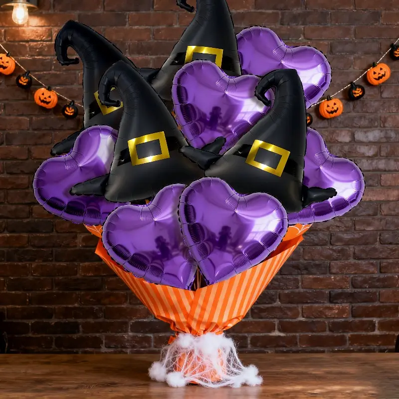 10Pcs Halloween Themed Party Balloons 5 Purple Heart & 5 Black Witch Hat Durable Decor Supplies For Halloween Christmas Thanksgiving Themed Birthday Indoor Outdoor Photo Backdrop Balloon Arch For Home Store Party Planners Holiday Gathering Decor