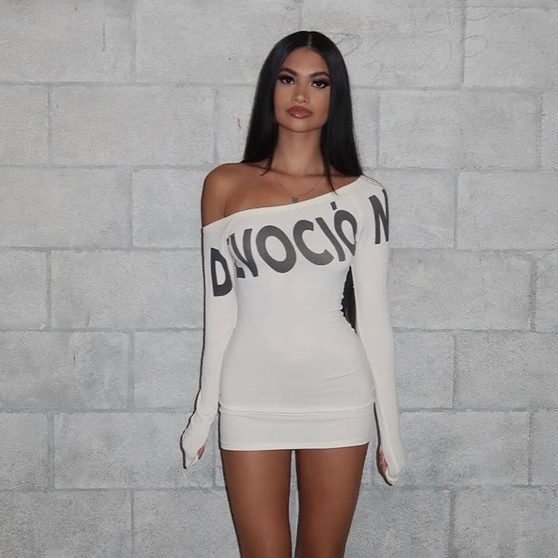 Women's Streetwear One Shoulder Long Sleeve Bodycon Dress - Letter Print Asymmetrical Mini Dress, Y2K Sexy Tight Clubwear track dress