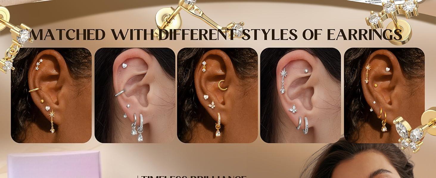 CASSIECA Flat Back Earrings for Women Hypoallergenic 14K Gold-plated Plated Surgical Steel Earring Stacks Set | Small Stud & Hoop for Cartilage, Helix, Tragus | Multiple Piercing Comfort Jewelry Gold