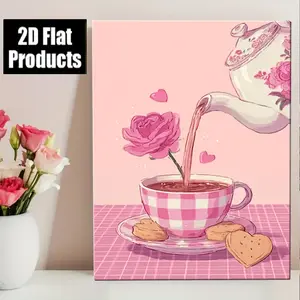 2D Flat, 1Pc Vintage Pink Rose Tea in a Pink and White Checkered Teacup, available in multiple sizes, suitable for bedroom decoration